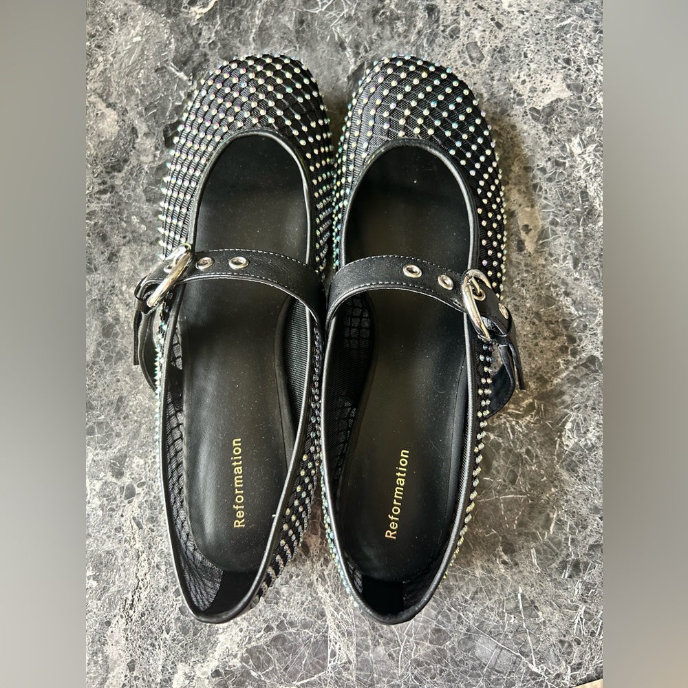 NEW Reformation Bethany Mary Jane Ballet Flats Sz 8 Black Crystal Brand New